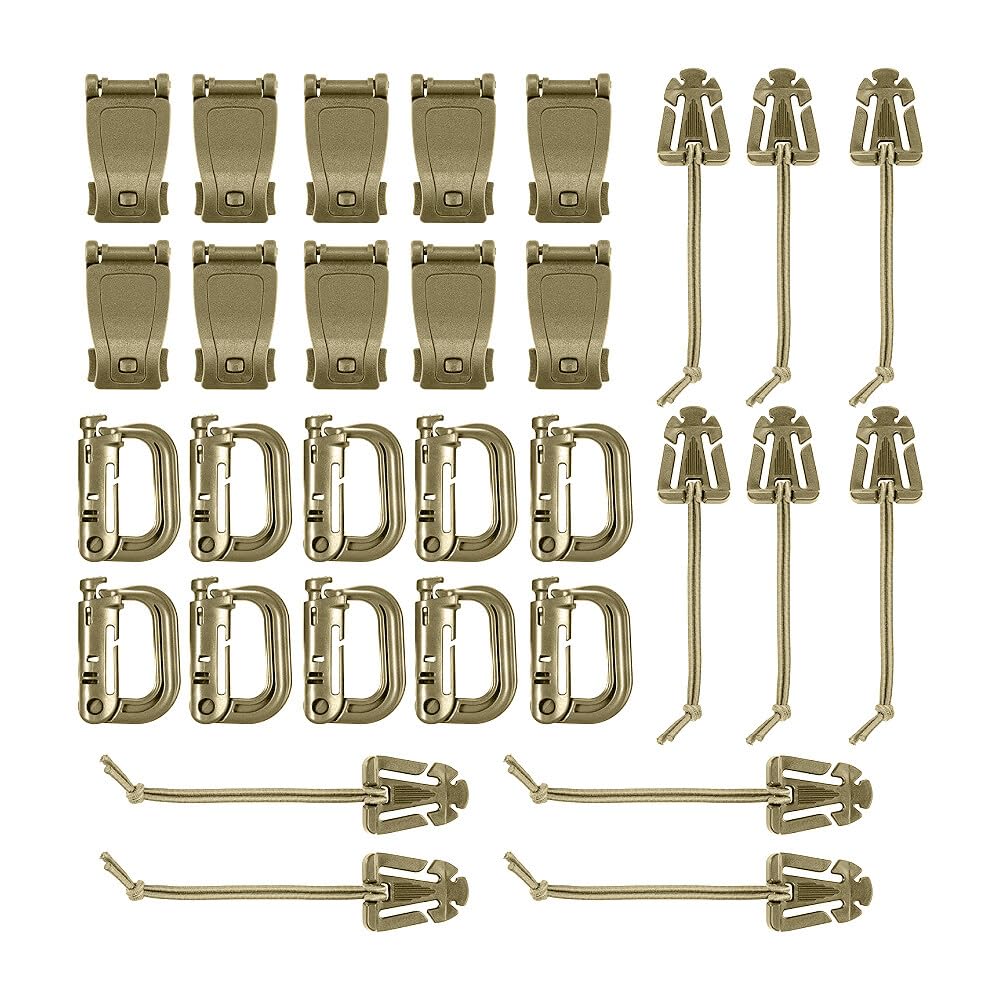 Uposao 30 PCS Tactical Molle Attachments Set, Molle Backpack Webbing Attachments D Ring Hook MOD Straps Key Ring Holders Elastic Strings and Buckles for Outdoor Camping Hiking Backpacking Vest