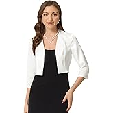 Allegra K Satin Cardigan for Women's 3/4 Sleeve Open Front Cropped Office Work Bolero Shrug