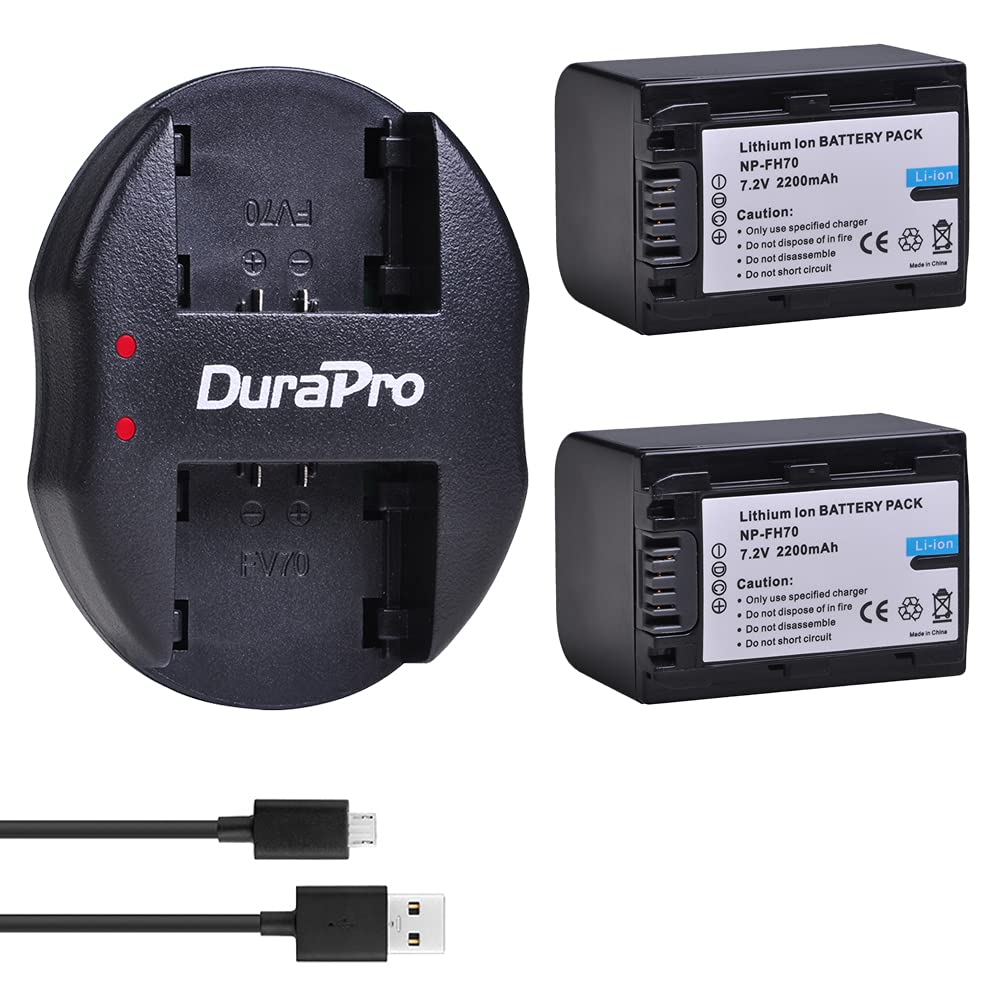 DuraPro 2Pcs NP-FH70 Battery + Dual USB Charger for Sony NP-FH30 NP-FH40 NP-FH50 NP-FH60 NP-FH70 NP-FH100 DCR-DVD202E DVD203 DVD203E DVD205 DVD205E DVD304E DVD305 DVD305E DVD306 DVD306E DVD308 DVD403