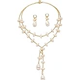 Layered Gold Baroque Pearl Necklaces Earrings Set for Women Dainty Adjustable Irregular Faux Pearl Y-Shaped Tassel Double Layered Necklace Fashion Pearl Splicing Pendant Earrings Holiday Wedding Ball Jewelry Set for Women