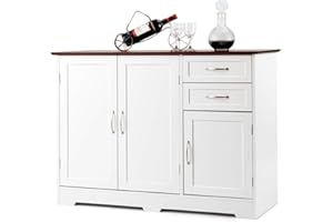 Giantex Buffet Sideboard Storage Credenza Cabinet Console Table Kitchen Dining Room Furniture Organizer, Entryway Cupboard with 2-Door Cabinet and 2 Drawers (White & Vermilion)