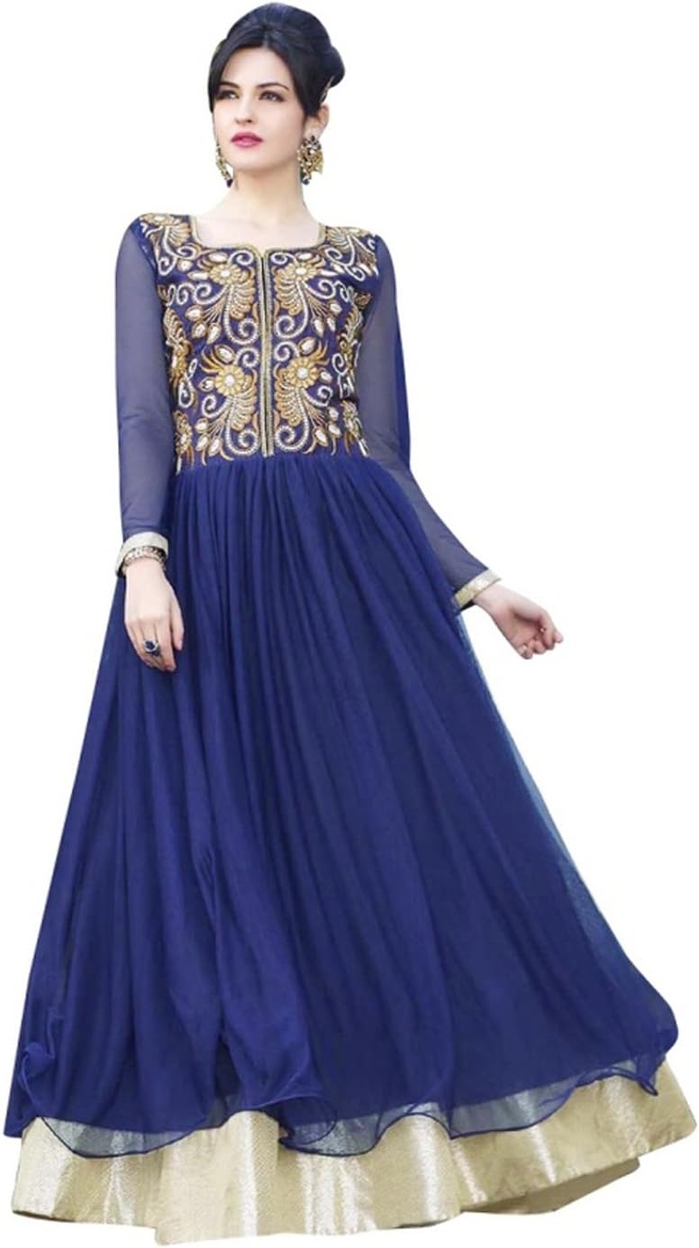 Whatshop Women's Bollywood Designer Embroidered Long Gown Free Size Navy Blue