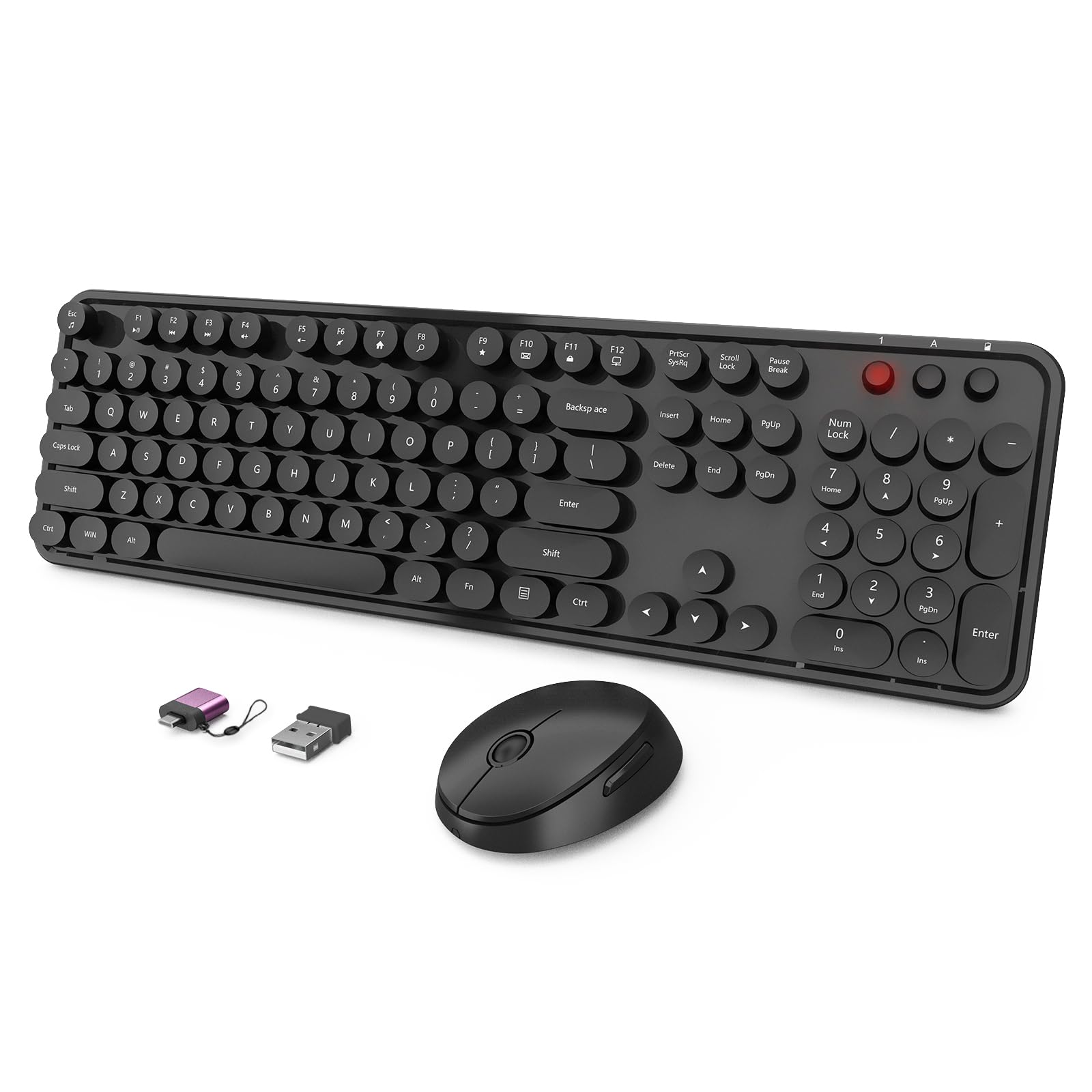 Photo 1 of Wireless Keyboard and Mouse Combo, Ergonomic Full Size Typewriter Retro Round Keycaps Keyboard, Compatible with Windows, PC, Perfer for Home and Office Keyboards (Black