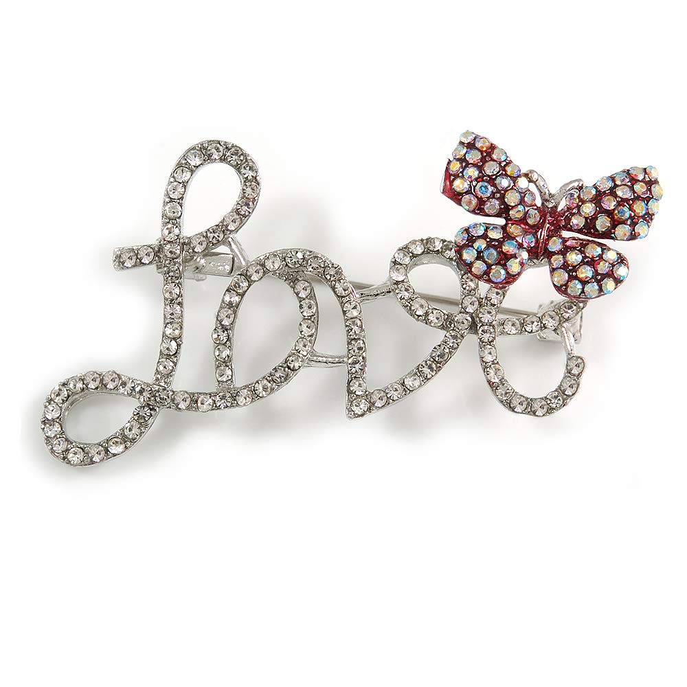 Clear Crystal 'Love' Brooch In Silver Tone - 55mm Across