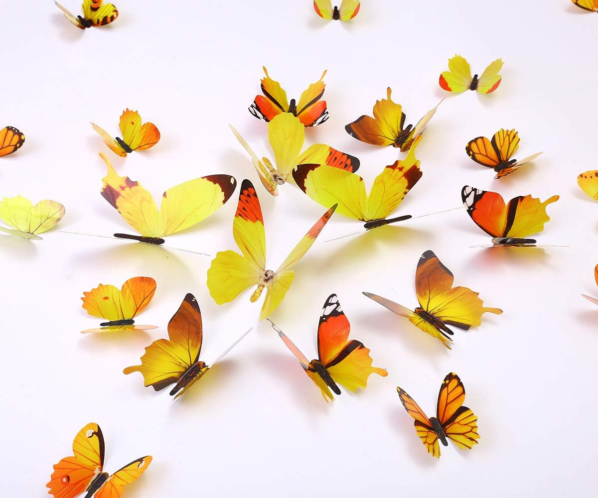 36PCS Butterfly Wall Decals - 3D Butterflies Wall Stickers Removable Mural Decor Wall Stickers Decals Wall Decor Home Decor Kids Room Bedroom Decor Living Room Decor -Yellow