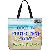 Custom Tote Bag with Zipper Personalized Beach Bags for Women Customized Your Own Picture Name Text Totebag