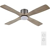 WINGBO 54 Inch Flush Mount DC Ceiling Fan with Lights and Remote, 4 Reversible Carved Wood Blades, 6-Speed Noiseless DC Motor, Hugger Ceiling Fan in Graphite Finish with Gray Blades