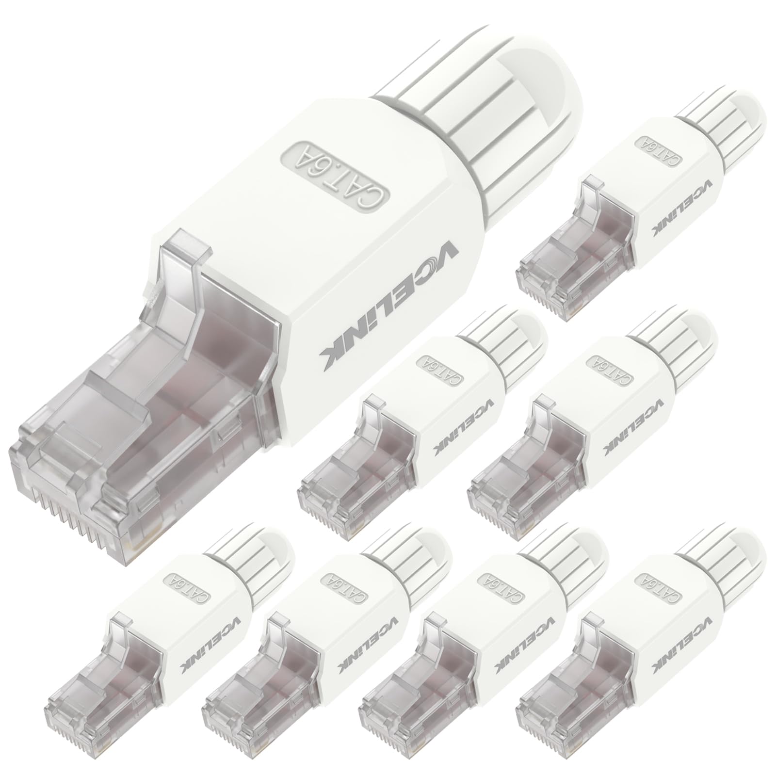 VCELINK Cat6A Tool-Free RJ45 Connector, 10 Gbps/500 MHz, Reusable UTP Gold-Plated Ethernet Plug for 23-26 AWG Network Cable, PoE Toolless Ethernet Modular Plug, White, 8 Pack