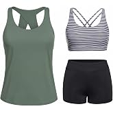 Tempt Me Women 3 Piece Tankini Athletic Swimsuits Rash Guard | Modest,Full Coverage,High Waisted Short,Quick Dry,Criss Cross Back