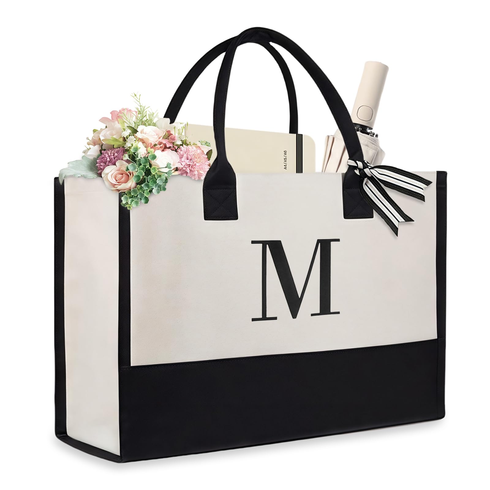 Aucuu Personalized Initial Canvas Beach Bag, Canvas Tote Bag, Monogrammed Gifts, Work Tote Bag for Mom Teacher Friends,Letter M