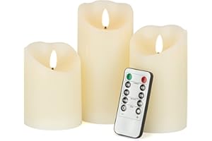LUSHARBOR Flameless Candles with Remote, Battery Operated Candles Real Wax LED Flickering Candles with Timer, Fake Electric Candles for Christmas Party Room Home Decor, Set of 3 (Ivory)