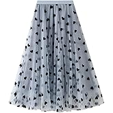 Women's Elastic High Waist 3D Heart Double-Layered A-Line Mesh Tulle Midi Skirt