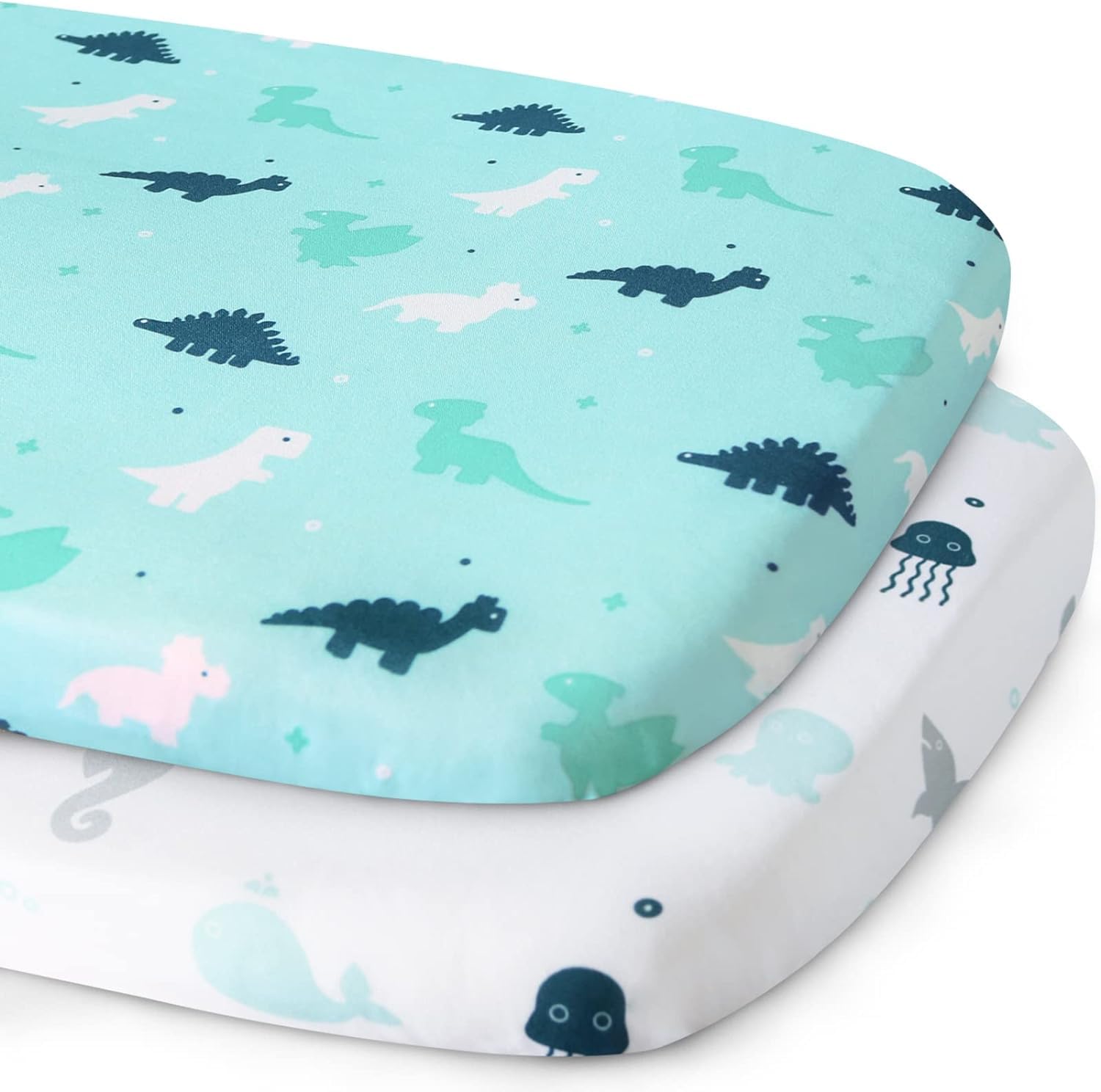 Baby Crib Fitted Sheets 84x43cm, 2 Pack Ultra Soft & Breathable for Moses Basket, Pram, SnuzPod4, Kinderkraft, COSTWAY 3-in-1, Bellababy Bedside Crib - Aqua Dinosaurs & Oceans