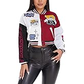 jeecoin Women's Varsity Jacket Cropped Colorblock Letter Print Baseball Bomber Jackets Vintage Streetwear Fashion Coats