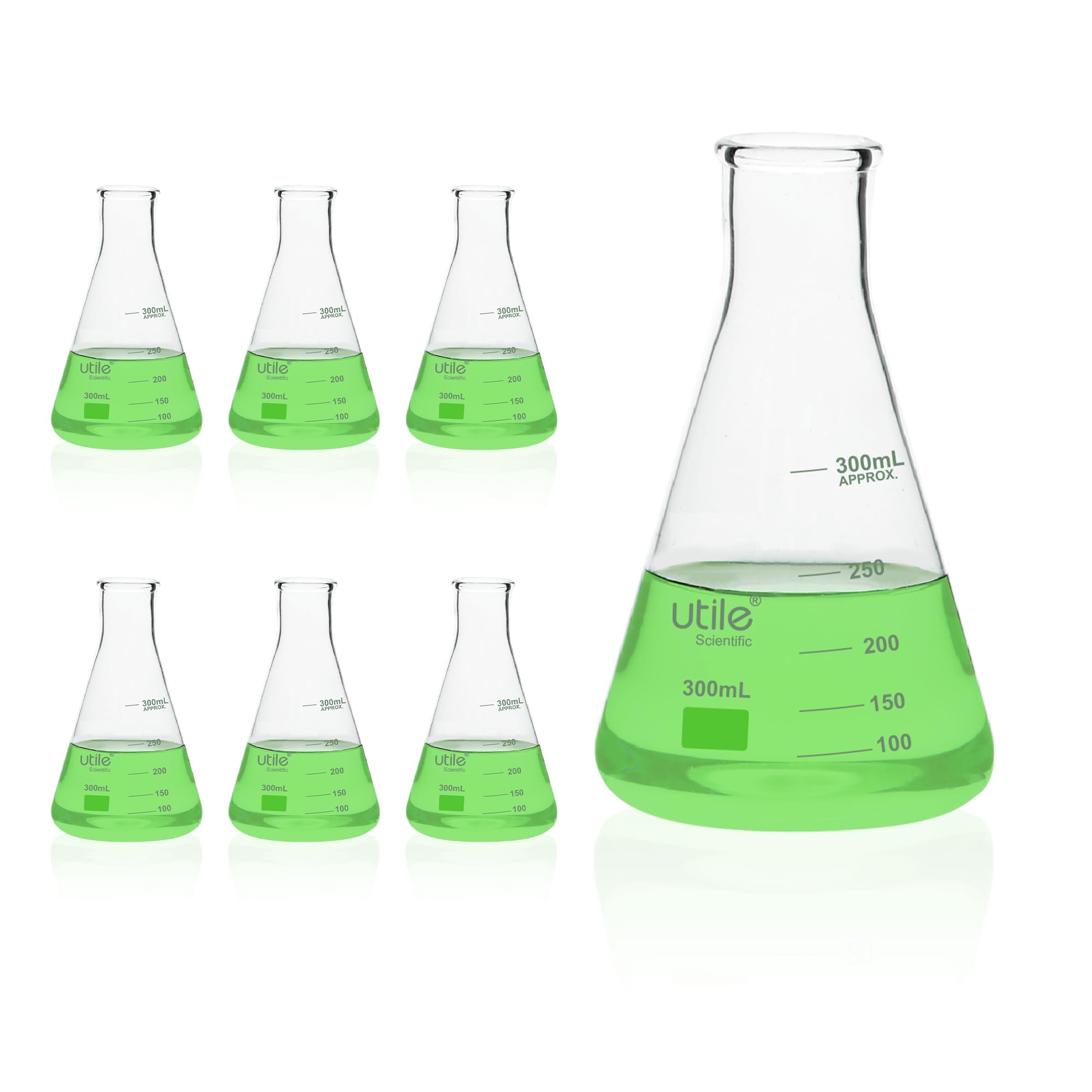 Photo 1 of Utile 6pcs 300ml Glass Erlenmeyer Flask Set, Narrow Mouth Erlenmeyer Flasks, Borosilicate 3.3 Glass Conical Flasks for Laboratory with Printed Graduation, 4016.0300.6