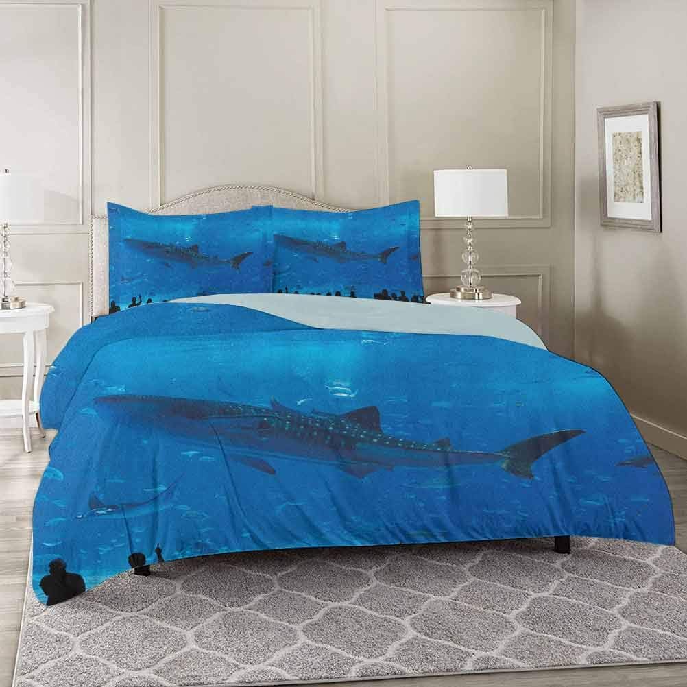 YUAZHOQI Shark Duvet Cover Sets King, Japanese Aquarium Park with People Silhouettes Watching Underwater Life Hob Pattern Printed Comforter Cover,with Zipper Closure & Corner Ties