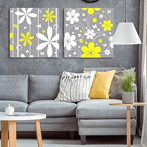2 Panel Square Canvas Wall Art - White and Yellow Floral Patterns - Giclee Print Gallery Wrap Modern Home Art Ready to Hang - 12"x12" x 2 Panels