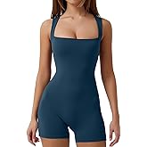 QINSEN Womens Strappy Square Neck Tank Top Tummy Control Bodycon Stretch Shorts Jumpsuit Outfits