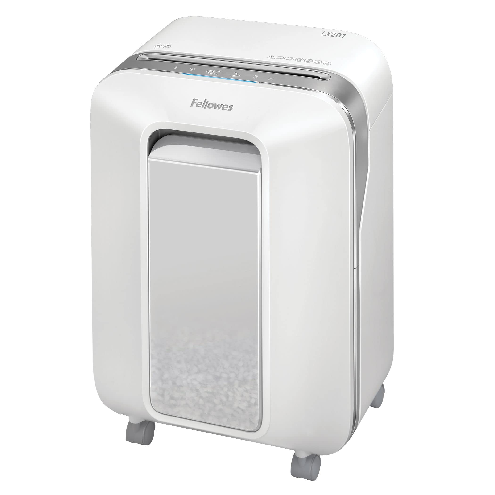 Fellowes Paper Shredder for Home Office Use - 100% Jam Proof 12 Sheet Micro Cutter for Home Office Use - Deskside with Large 22L Pull-Out Bin - Powershred LX201 - DIN Level P5 - White