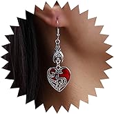 Sttiafay Gothic Red Heart Bat Drop Earrings Heart Rock Bat Hook Earrings Silver Filigree Heart Dangle Earrings Punk Dark Rock Earrings Jewelry for Women