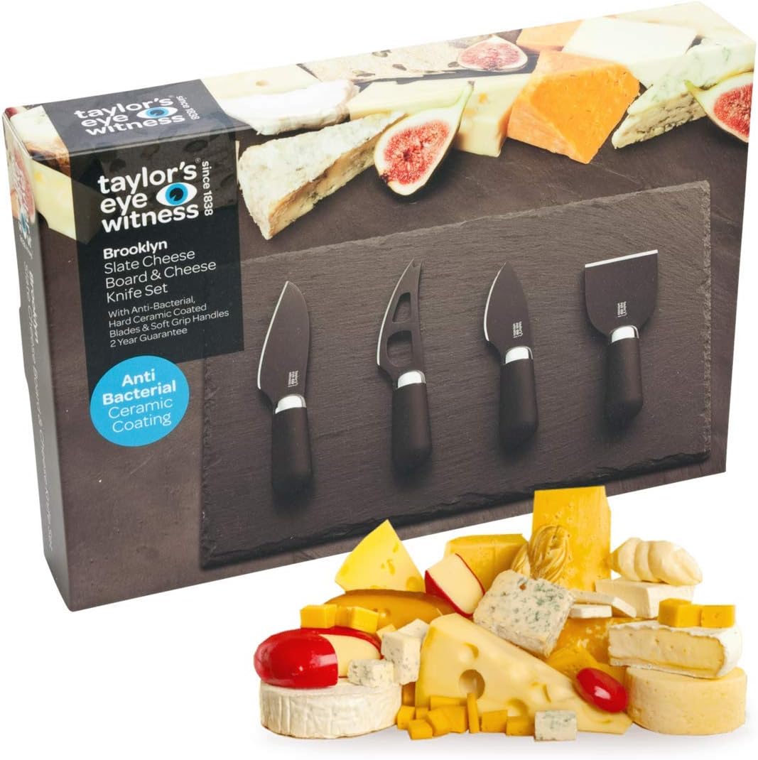 4 Piece Cheese Knife Set including Slate Board, 4pc Set, Matt Black Stainless Steel Blades with Black Comfort Soft Touch - Image 4