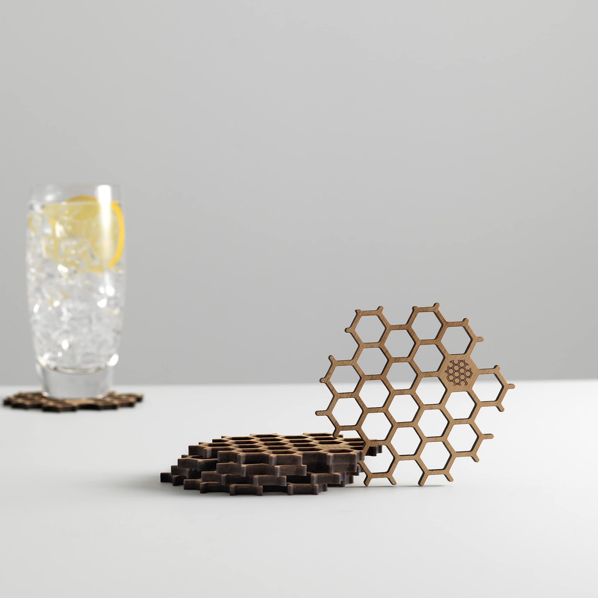 Wooden Honeycomb Coasters | Bamboo Drink Mats | Sustainable Gift | Home & Office Decor | Hexagon Minimalist Design | Natural | For Drinking Glasses Protection | Set of 6 | 10 x 10 x 0.4cm