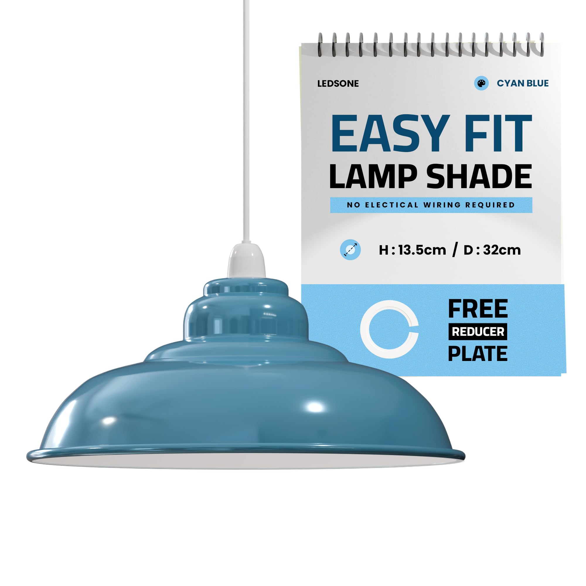 LEDSONE Industrial Lampshade Metal Cyan Blue 32cm Easy Fit with Reducer Plate Modern Hanging Pendant Light Shade for Bedroom, Hallway, Office, Kitchen, Dining Room, Cafe, Bar, Restaurtant