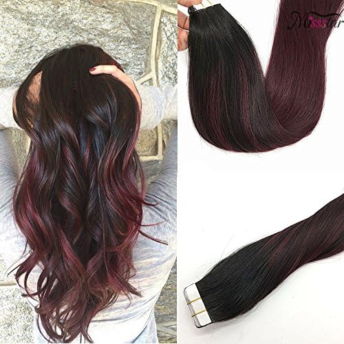 Misstar Balayage Ombre Tape in Hair Extensions Human Hair 20pcs/50g Ombre Black to Red Real Balayage Remy Human Hair Extensions 22inches