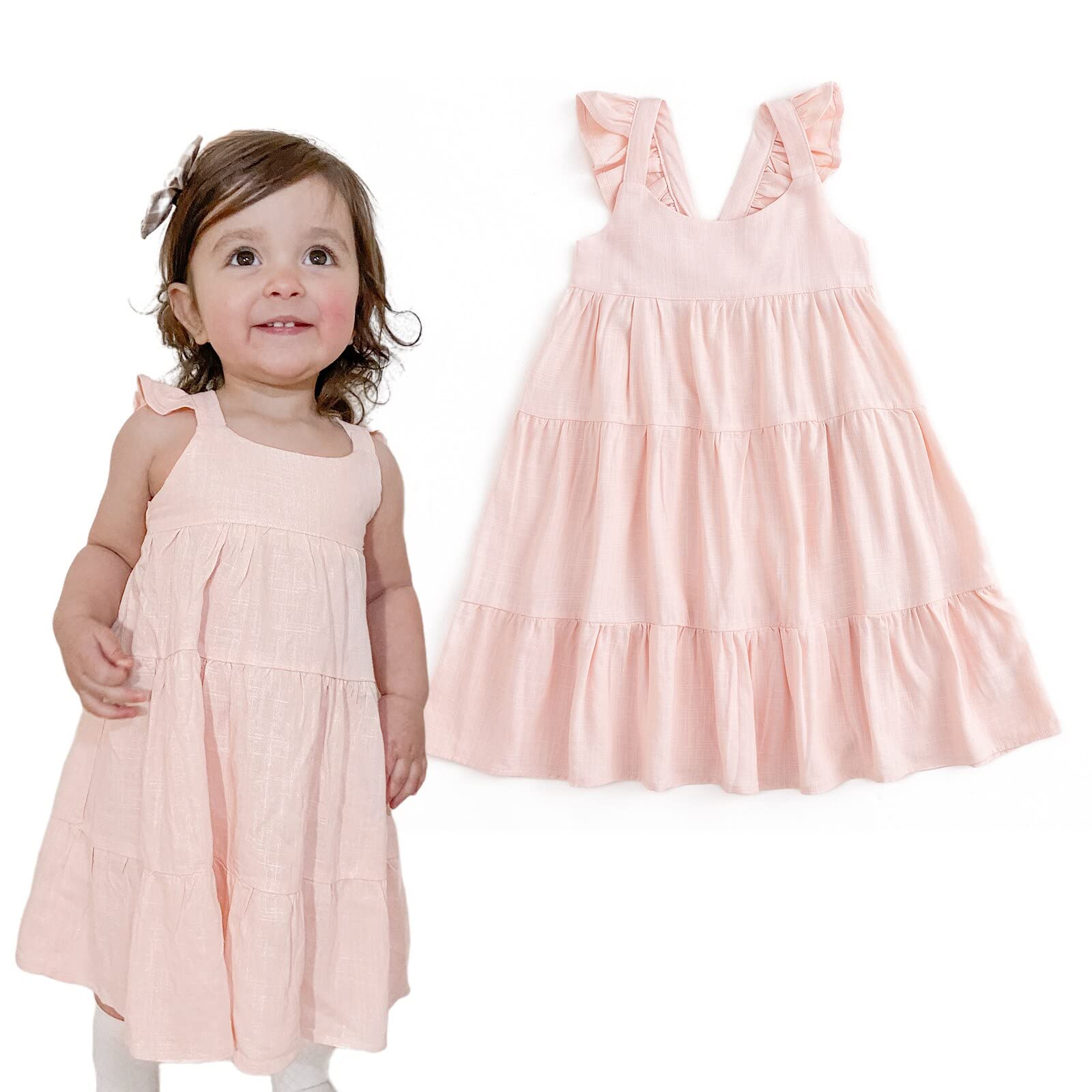 Photo 1 of Curipeer Toddler Girl Cotton Linen Dress with Smocking Fancy Kids Beach Dress Pink 6 Years