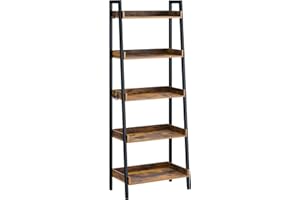 Rolanstar Ladder Shelf, 5-Tier Ladder Bookshelf with 3 Hooks, Industrial Bookcases, Utility Organizer Shelves, Freestanding D