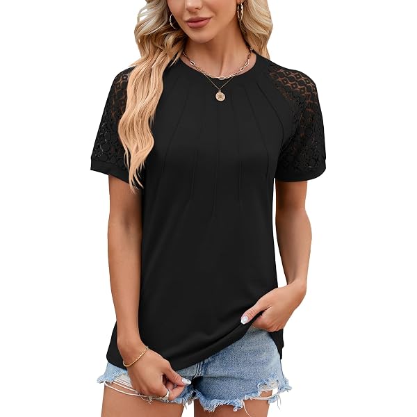 Lausiuoe Women's V-Neck Blouse - Short Sleeve, Loose Fit, Pleated Detail, Casual Summer Top - View #4
