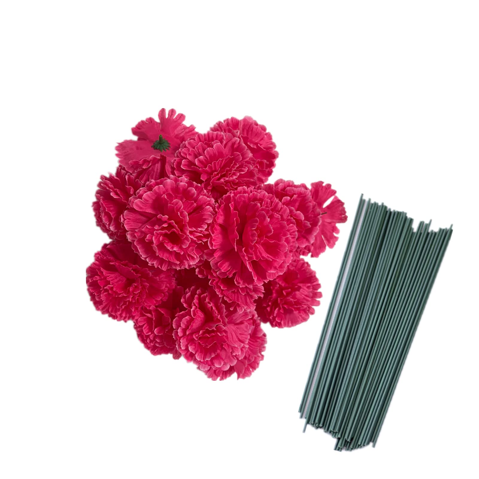 Rikyo 50 Artificial Silk Carnation Flower Head with Stems Set,Vase Fillers for Home Decor Bridal Wedding Party Birthday Cake Ornaments, Wrist Corsage,3" Multiple Petals Heads (Rose Red)