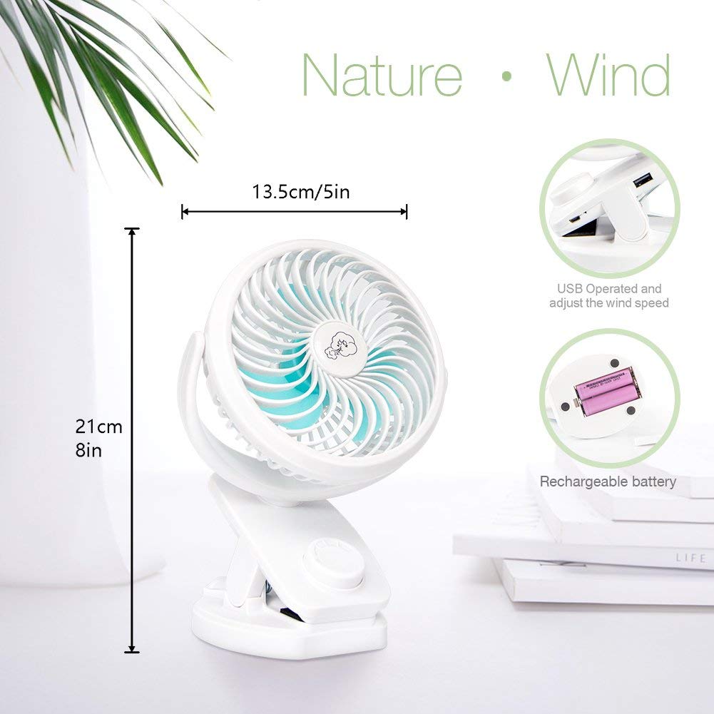 Ausein Mini Clip-on Fan 5000mAh Rechargeable Battery Operated USB Desk Fan Portable Personal Fan Small Quiet Stroller Fan for Home, Office, Travel, Camping, Baby Pram, Pushchairs, Buggy, Car (White)