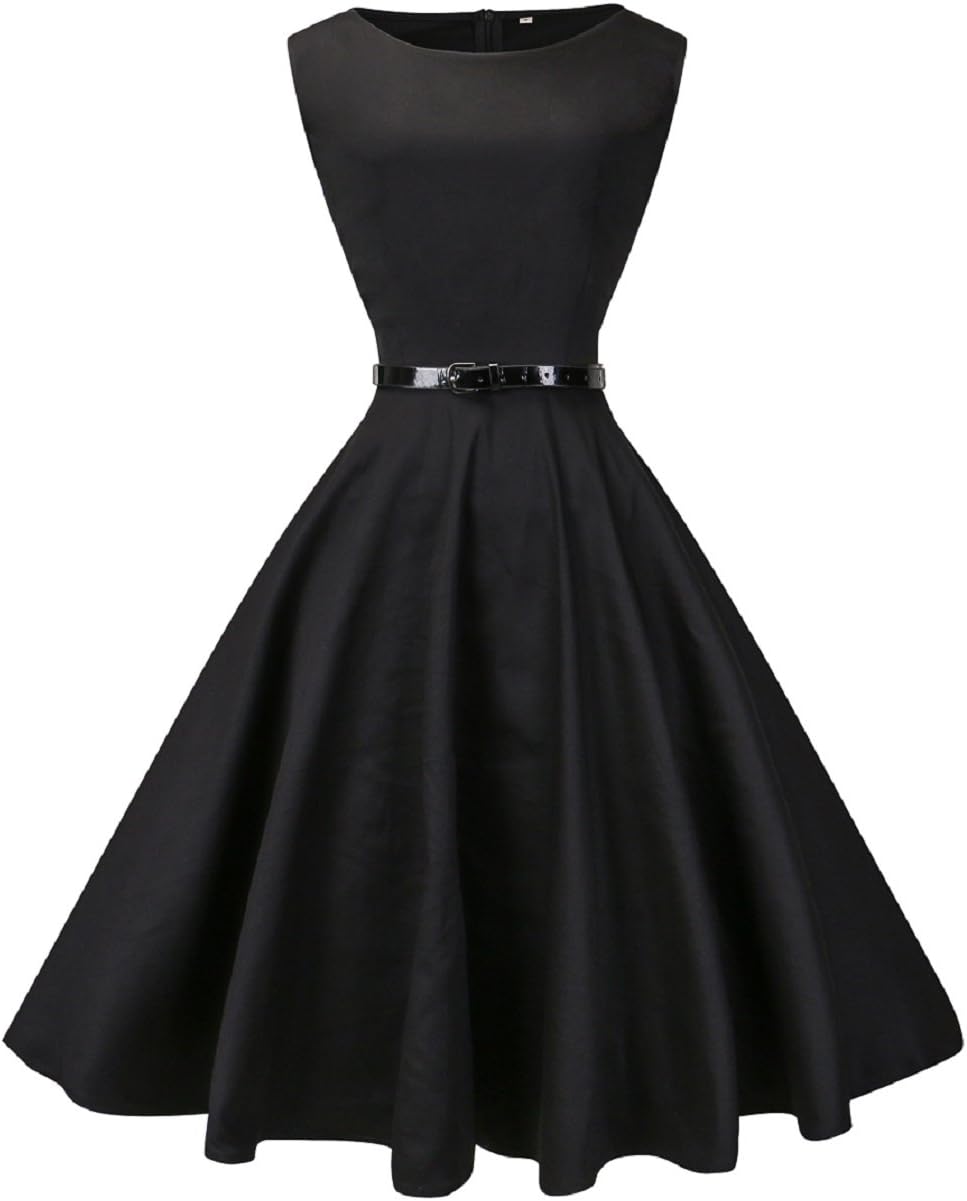 Fedie Women Boatneck Sleeveless Vintage Tea Cocktail Dress with Belt Size S-4XL