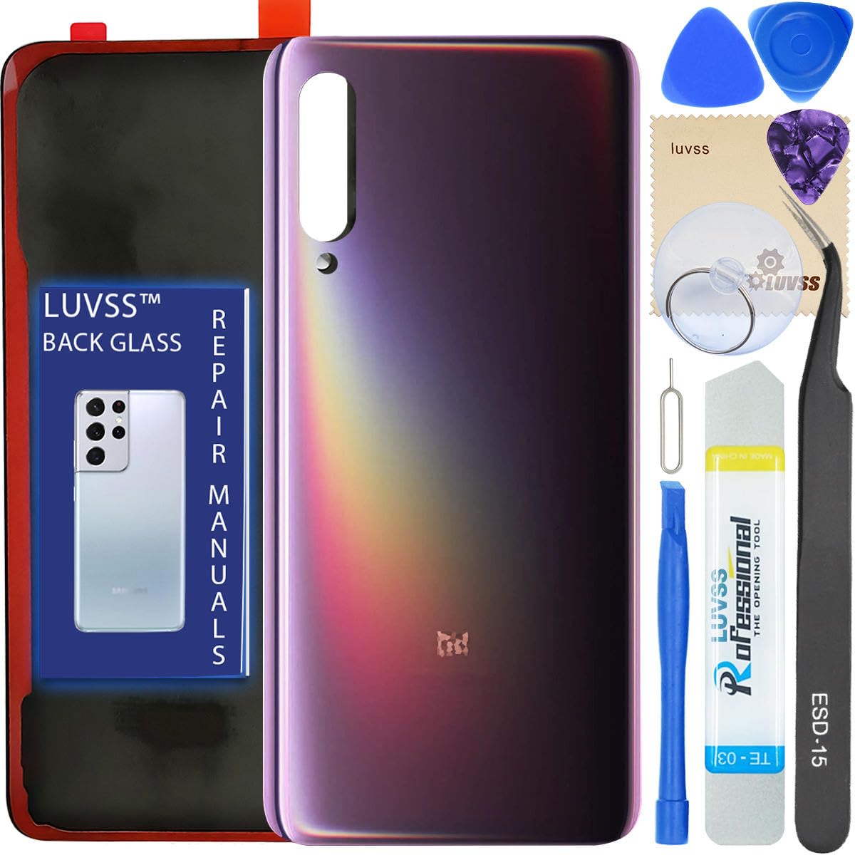 LUVSS Back Glass Cover Replacement Compitable for Xiaomi Mi 9 Rear Cover + Camera Lens + Repair Manual DIY Tools Kit (Purple)