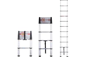 MEANFUN 10.5 FT Telescoping Ladder, One-Button Retraction Aluminum Compact Retractable Telescopic Ladder for Attic RV Roof Home, Soft-Close Design Folding Ladder with ANSI Certified, 330 Lb Capacity