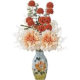 ZYZEV Fake Flowers with Small Hand-Painted Vase,17" Champagne Artificial Flowers Bouquet in Ceramic Vase,Silk Flower Eucalyptus Arrangements for Home Dining Living Room Office Coffee Table Decorations