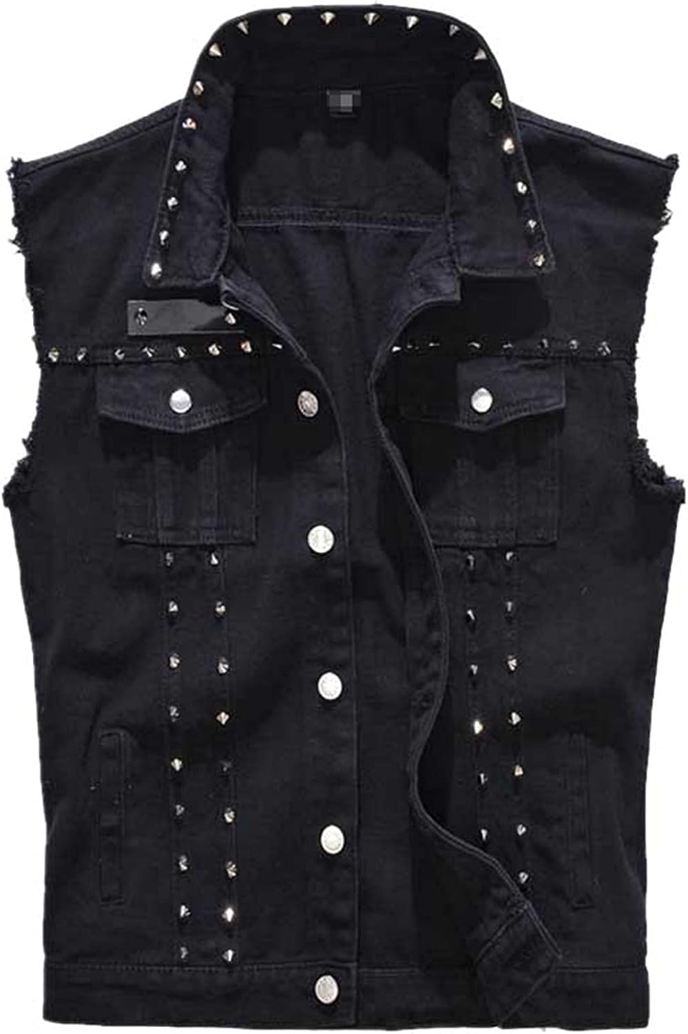 Agoodic Punk Men's Denim Vest Black Rivets Slim Fit