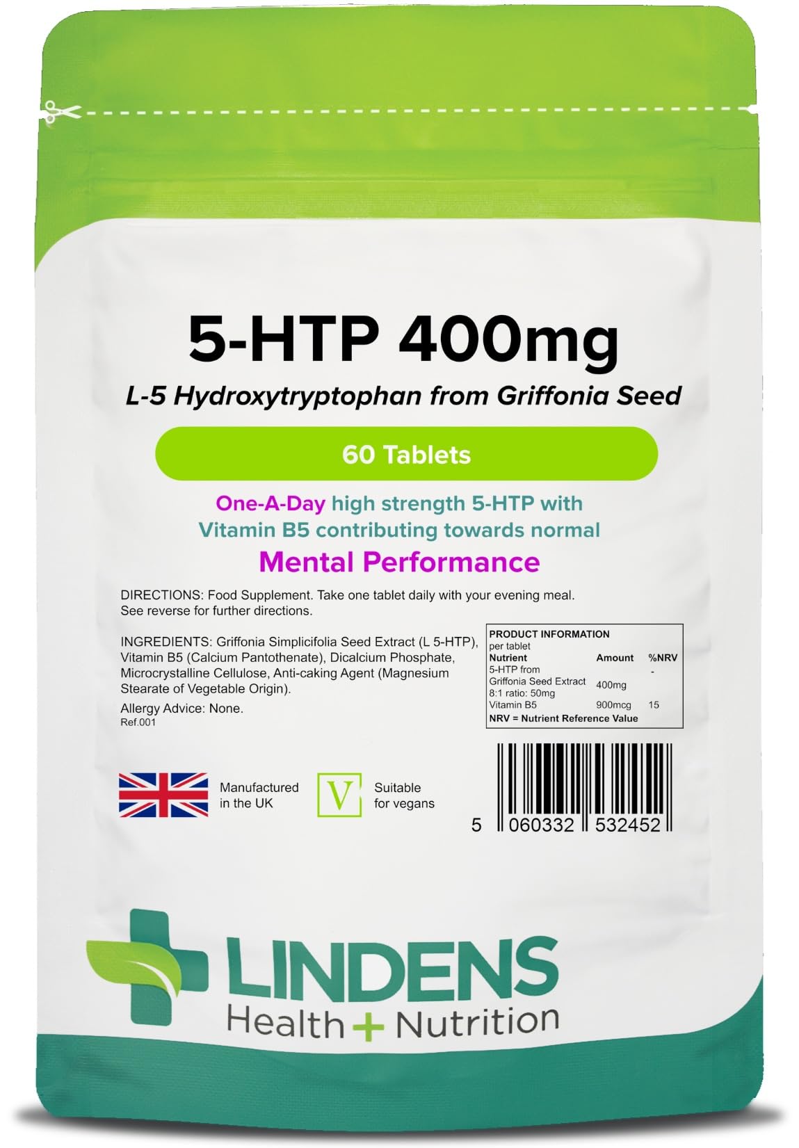 Lindens - 5 HTP 400mg, 60 Tablets - 1-A-Day, UK Made - 50mg Griffonia Simplicifolia Seed Extract 8:1, with Vitamin B5 - Mental Performance - Letterbox Friendly, Vegan