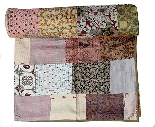 Traditional Indian Silk Patola Quilt Twin Size 60" X 90"inches Kantha Stitch Gudri Bedspread and Bed Cover and Raill By Mango Gifts (Beige)