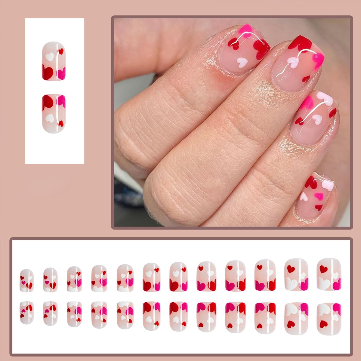 Valentine's Day Press on Nails Short Red Heart Square Fake Nails with Designs Full Cover False Nails Glossy Pink Acrylic Nails Cute Artificial Nails Extra Short Press on DIY Nail Decorations for Women - Image 2