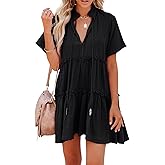 Dellytop Womens Drawstring V Neck Dress Ruffle Tiered Short Sleeve Babydoll Tunic Swing Sundresses