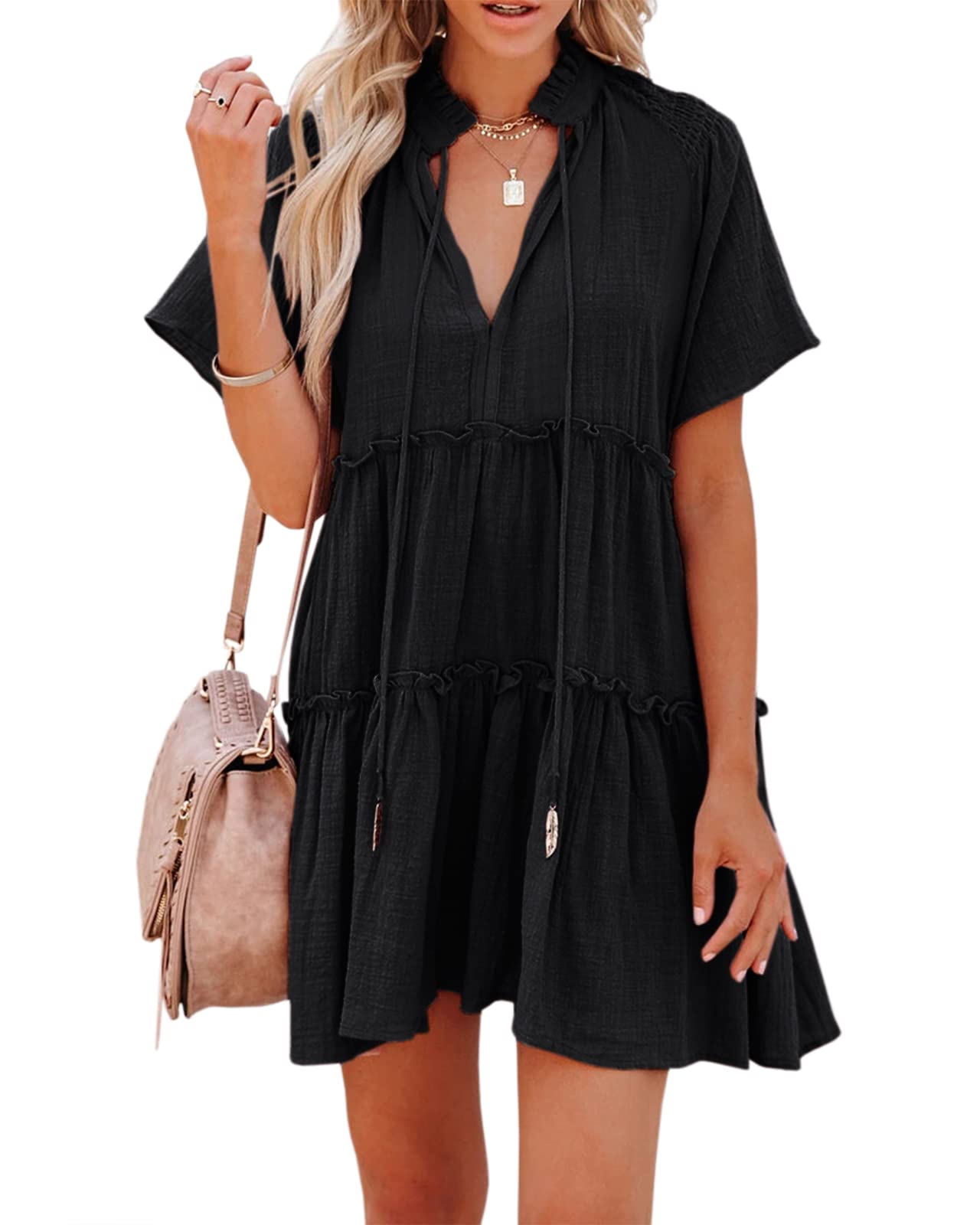 Photo 1 of Dellytop Womens Drawstring V Neck Dress Ruffle Tiered Short Sleeve Babydoll Tunic Swing Sundresses Black Size Unknown 