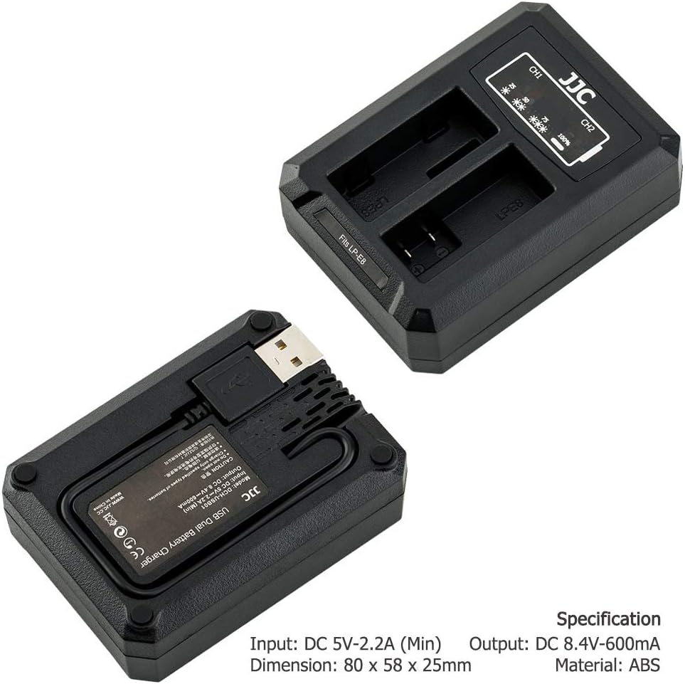 JJC USB Dual Battery Charger for Canon EOS 700D 650D 600D 550D Cameras for Canon LP-E8 Battery, Fits EOS 700D, 650D, 600D, 550D - Image 3