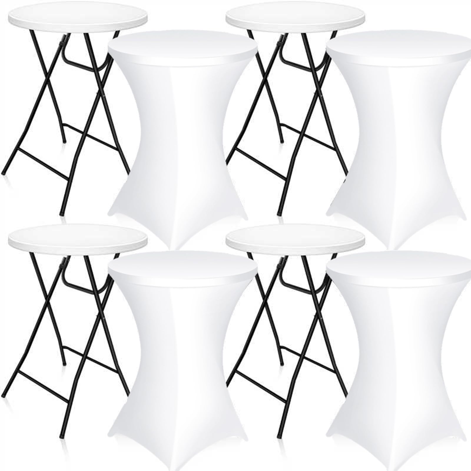Photo 1 of Wenqik 4 Pcs 32'' High Top Cocktail Table White Round Bar Height Folding Table with Removable Legs and 4 Pcs 32x43'' Cocktail Tablecover Spandex Stretch
