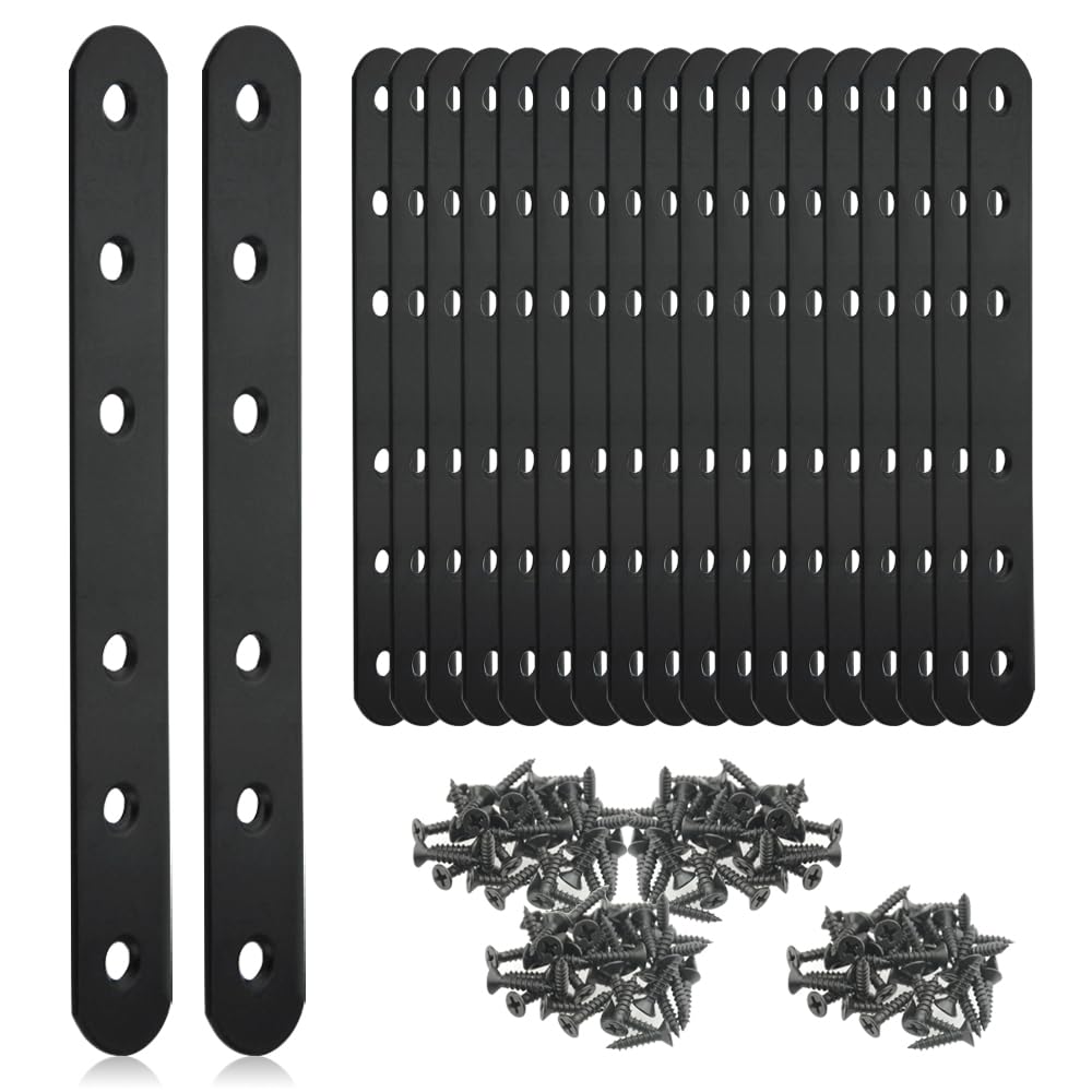 TOVOT 20PCS Flat Brackets Steel Brackets with Screws Black Mending Plates 6 Holes Flat Brackets Straight Braces for Wood Furniture (135×18MM)