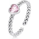 Qings Heart Adjustable Ring 925 Sterling Silver Open Stackable Engagement Rings Pink Love Heart Cubic Zirconia Weave Ring Birthday Gifts for Women Teen Girls