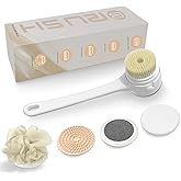 Electric Body Brush Back Scrubber - Waterproof Long Handle 5-in-1 Rechargeable Bath Brush with 3 Speed Modes, Exfoliating & Massaging Shower Brush for Body (White)