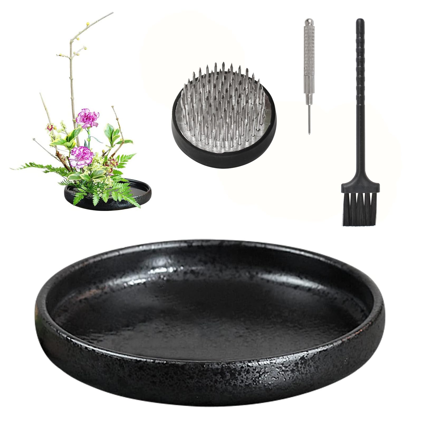 WANDIC Flower Arrangement Supplies, Shallow Round Pottery Ikebana Flower Vase with 6cm Kenzan Flower Frog for Floral Arrangement Home Decoration, Black Spotted(L)