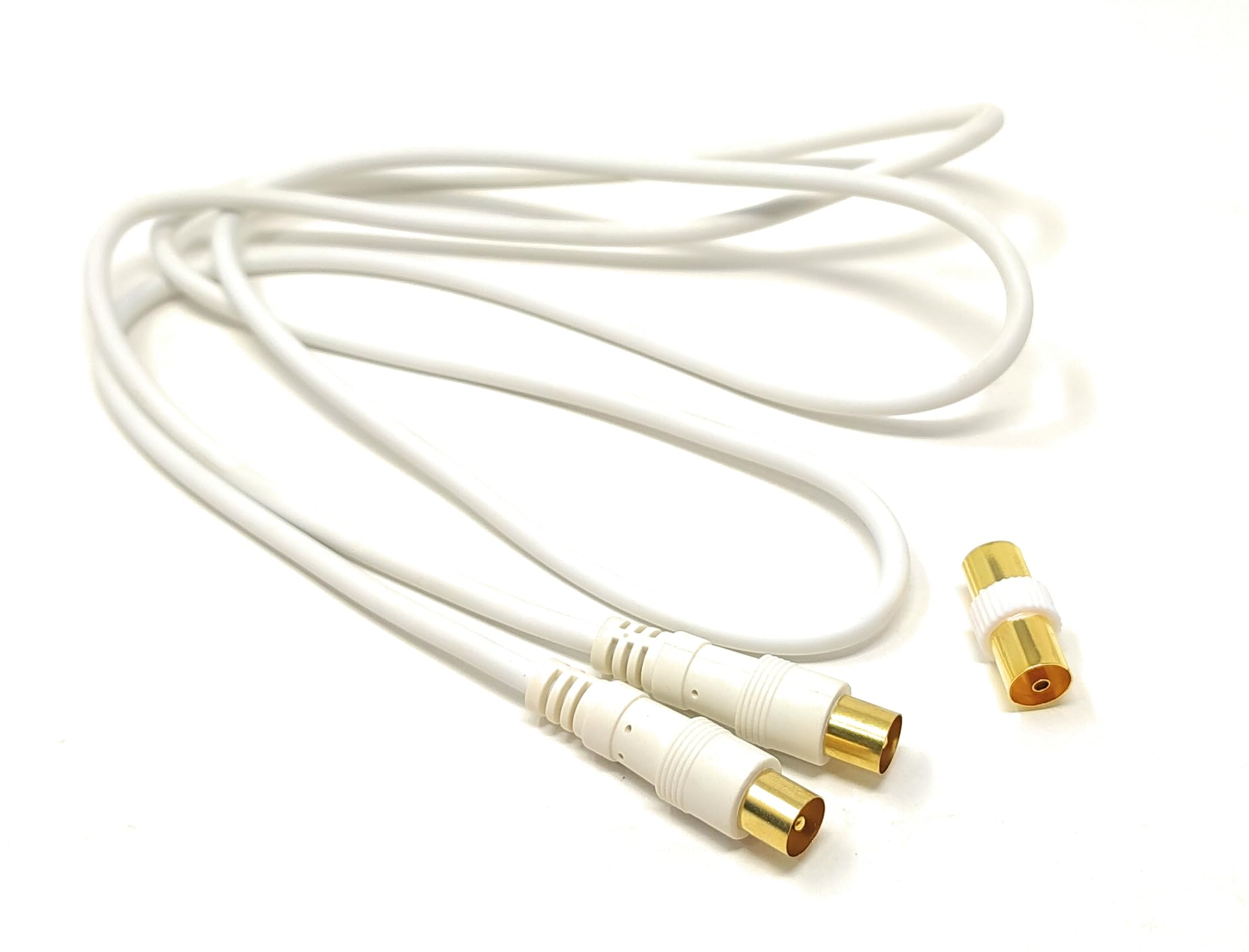 1.5m TV Aerial Coaxial Cable Male to Male, Satellite RF Antenna Coax RG59 Lead Gold Plated Connectors with Female Coupler (Straight, White, 1.5m)